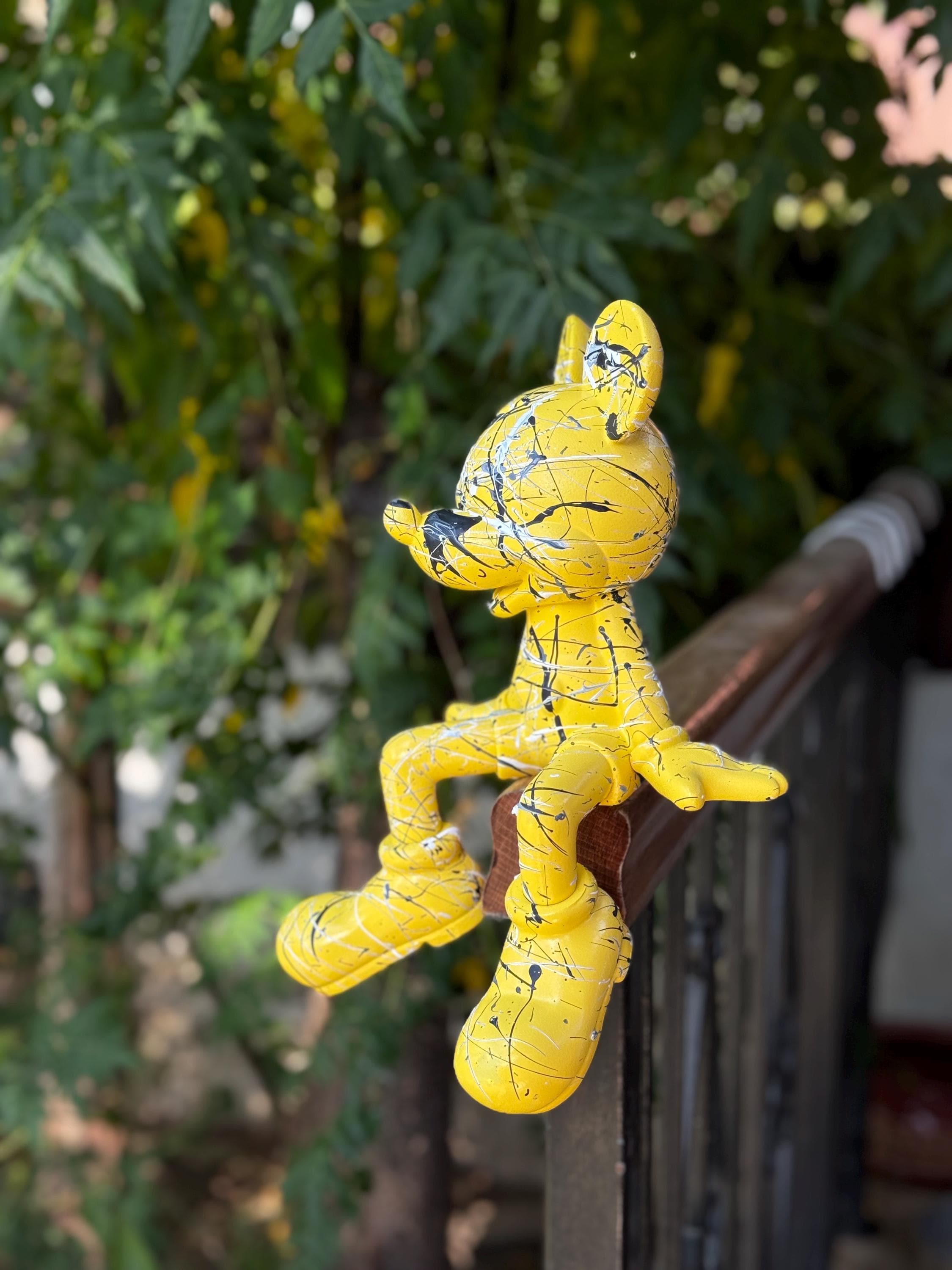 Yellow Splatter Pop Art Mickey-Inspired Sculpture – Hand-Painted Modern Art Toy Figure