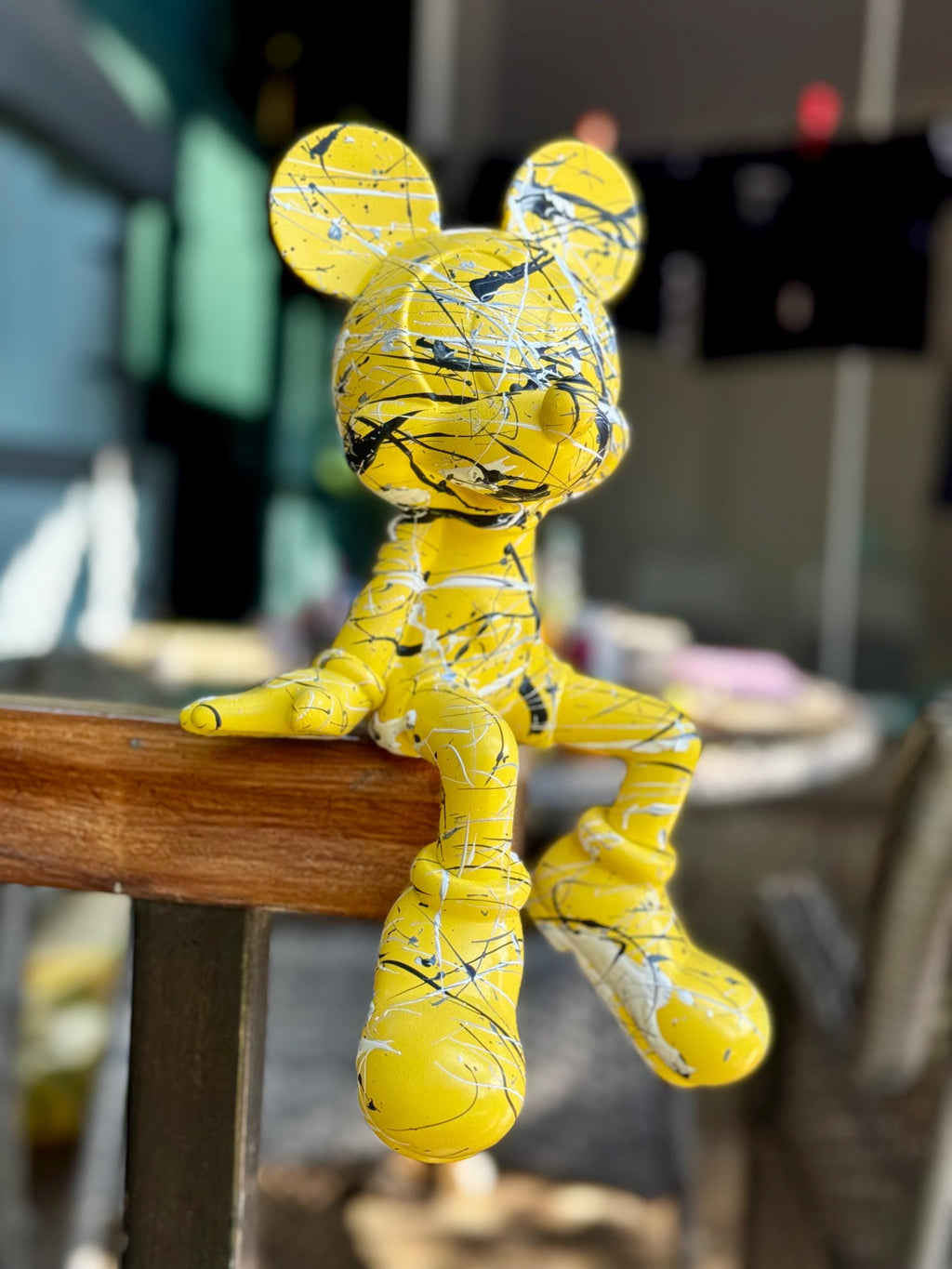 Yellow Splatter Pop Art Mickey-Inspired Sculpture – Hand-Painted Modern Art Toy Figure