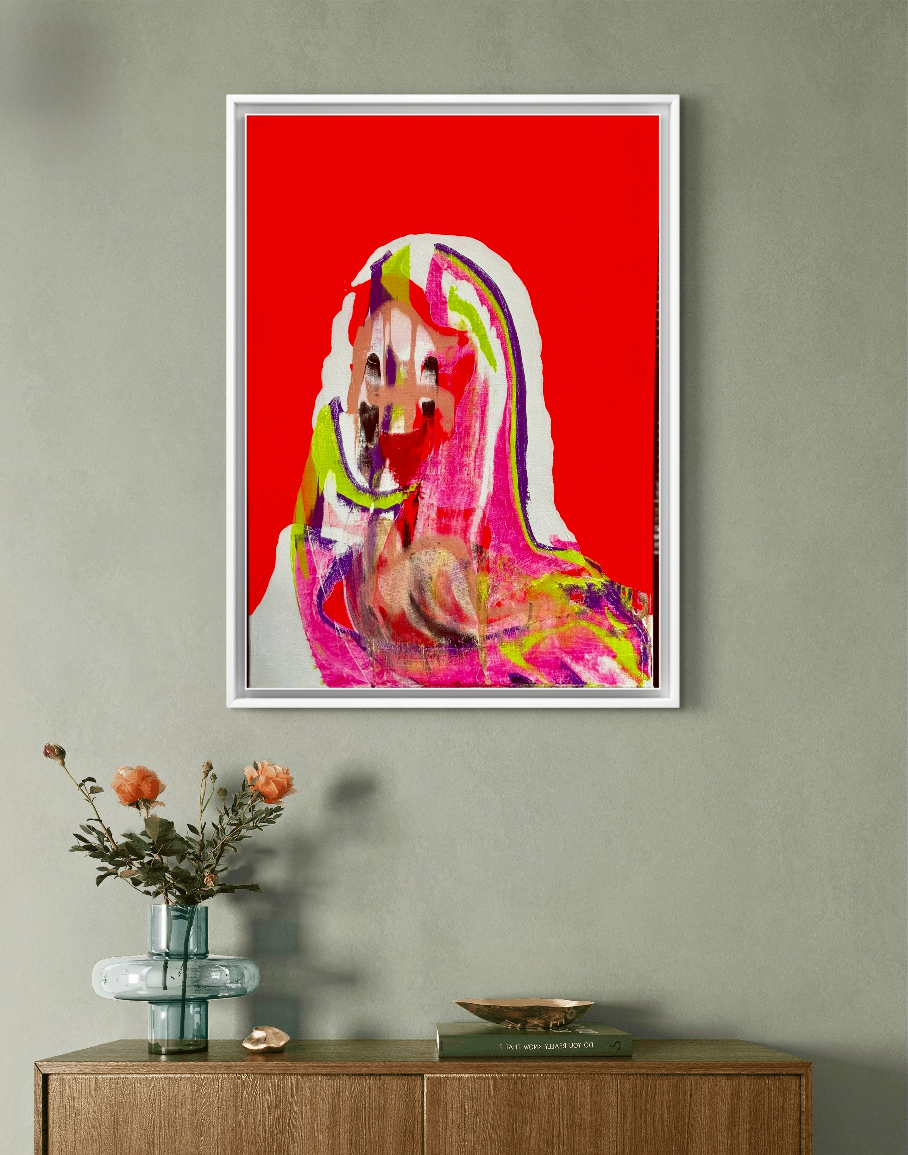 Bold & Colorful Abstract Portrait – Hand-Painted Acrylic Art on Red – One-of-a-Kind Wall Decor