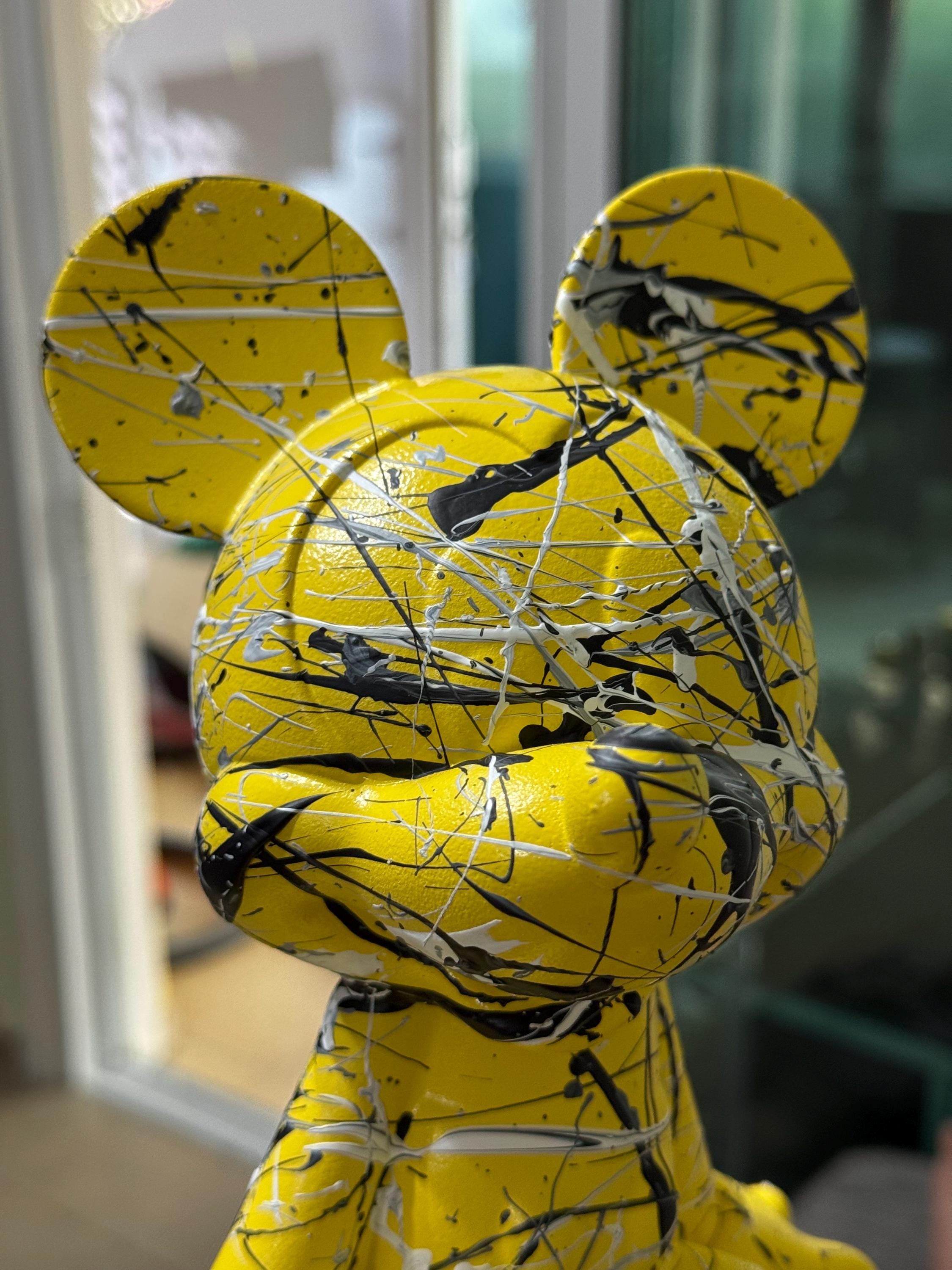 Yellow Splatter Pop Art Mickey-Inspired Sculpture – Hand-Painted Modern Art Toy Figure