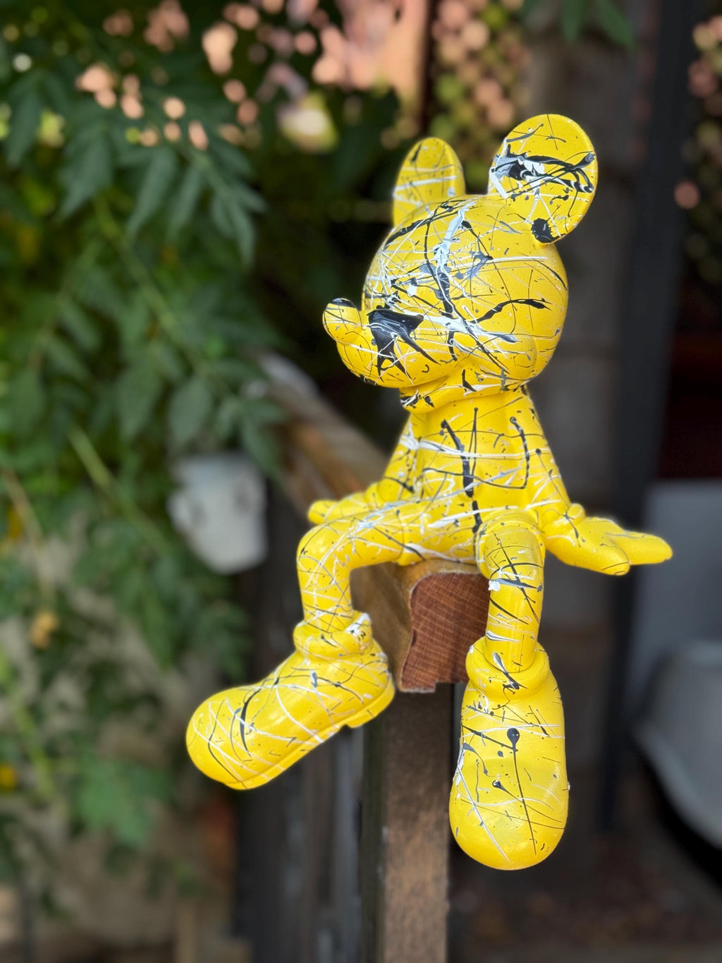 Yellow Splatter Pop Art Mickey-Inspired Sculpture – Hand-Painted Modern Art Toy Figure