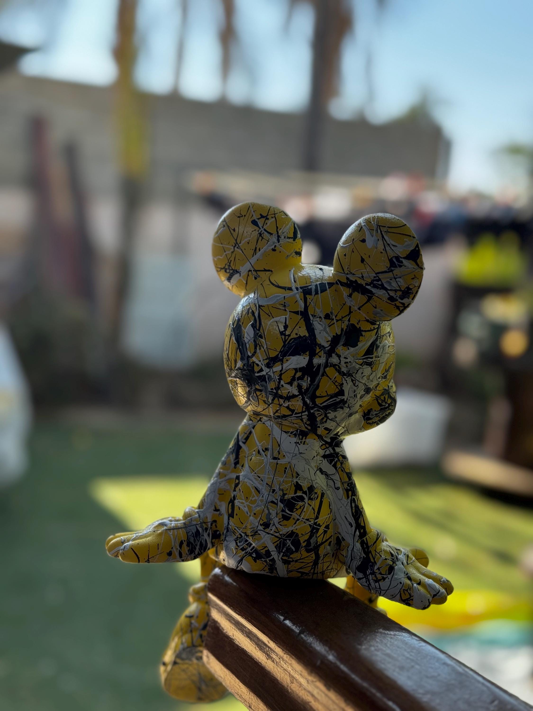 Yellow Splatter Pop Art Mickey-Inspired Sculpture – Hand-Painted Modern Art Toy Figure