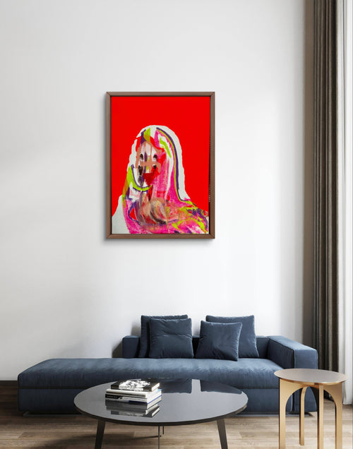 Bold & Colorful Abstract Portrait – Hand-Painted Acrylic Art on Red – One-of-a-Kind Wall Decor